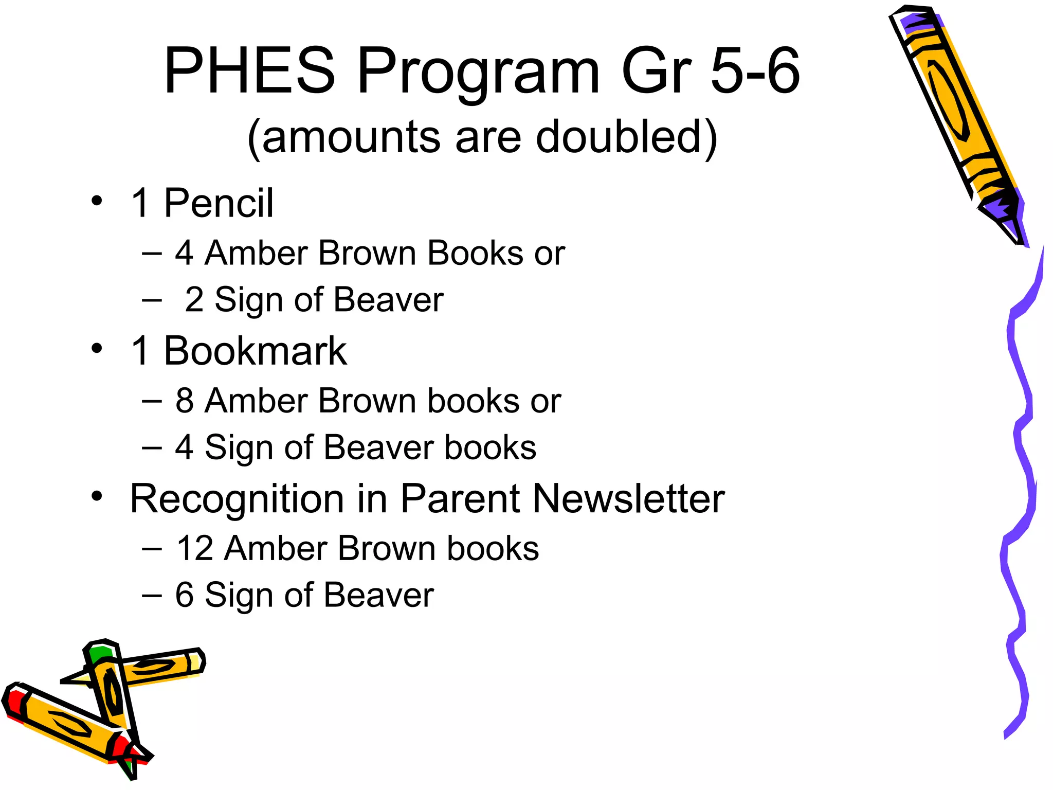 PHES Program Gr 5-6
(amounts are doubled)
• 1 Pencil
– 4 Amber Brown Books or
– 2 Sign of Beaver
• 1 Bookmark
– 8 Amber Brown books or
– 4 Sign of Beaver books
• Recognition in Parent Newsletter
– 12 Amber Brown books
– 6 Sign of Beaver
 