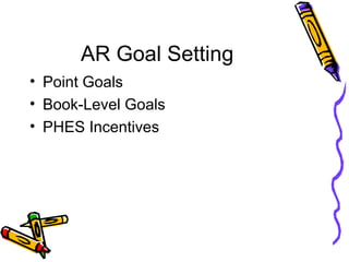 AR Goal Setting
• Point Goals
• Book-Level Goals
• PHES Incentives
 