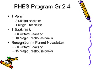 PHES Program Gr 2-4
• 1 Pencil
– 2 Clifford Books or
– 1 Magic Treehouse
• 1 Bookmark
– 20 Clifford Books or
– 10 Magic Treehouse books
• Recognition in Parent Newsletter
– 30 Clifford Books or
– 15 Magic Treehouse books
 