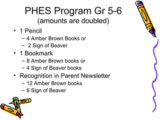 PHES Program Gr 5-6
(amounts are doubled)
• 1 Pencil
– 4 Amber Brown Books or
– 2 Sign of Beaver
• 1 Bookmark
– 8 Amber Brown books or
– 4 Sign of Beaver books
• Recognition in Parent Newsletter
– 12 Amber Brown books
– 6 Sign of Beaver
 