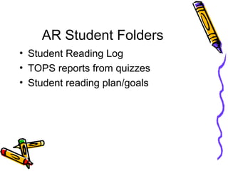 AR Student Folders
• Student Reading Log
• TOPS reports from quizzes
• Student reading plan/goals
 