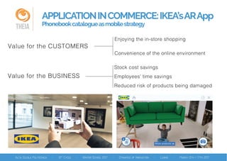 THEIA
APPLICATIONINCOMMERCE:IKEA’sARApp
Phonebookcatalogueasmobilestrategy
Value for the CUSTOMERS
Enjoying the in-store shopping
Convenience of the online environment
Value for the BUSINESS
Stock cost savings
Employees’ time savings
Reduced risk of products being damaged
 