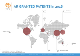AR GRANTED PATENTS in 2016
THEIA
Analysis based on a field of 1229 patents
Data extracted from www.patentinspiration.com
Northern America
497
Europe
138
Israel
4
China, Hong Kong, Taiwan
353
Japan, South Korea
220
Australia
17
 