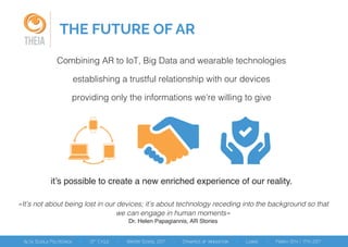 THE FUTURE OF AR
THEIA
Combining AR to IoT, Big Data and wearable technologies
establishing a trustful relationship with our devices
providing only the informations we’re willing to give
it’s possible to create a new enriched experience of our reality.
«It’s not about being lost in our devices; it’s about technology receding into the background so that
we can engage in human moments»
Dr. Helen Papagiannis, AR Stories
 
