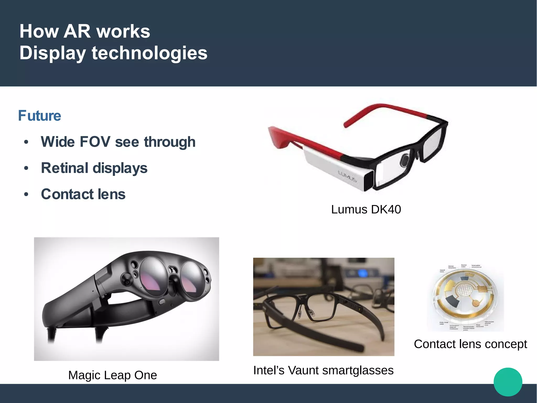 How AR works
Display technologies
Future
● Wide FOV see through
● Retinal displays
● Contact lens
Magic Leap One Intel’s Vaunt smartglasses
Lumus DK40
Contact lens concept
 
