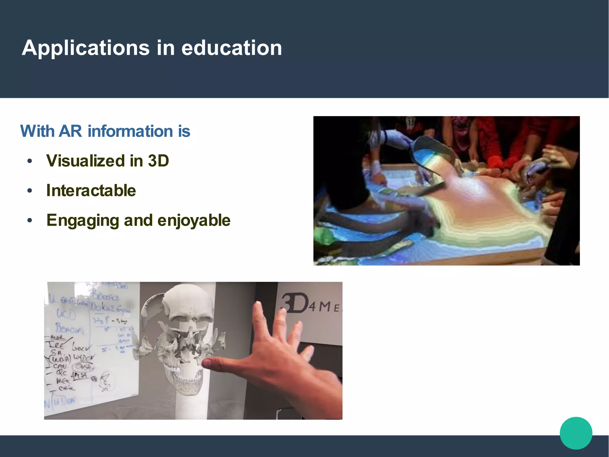 Applications in education
With AR information is
● Visualized in 3D
● Interactable
● Engaging and enjoyable
 