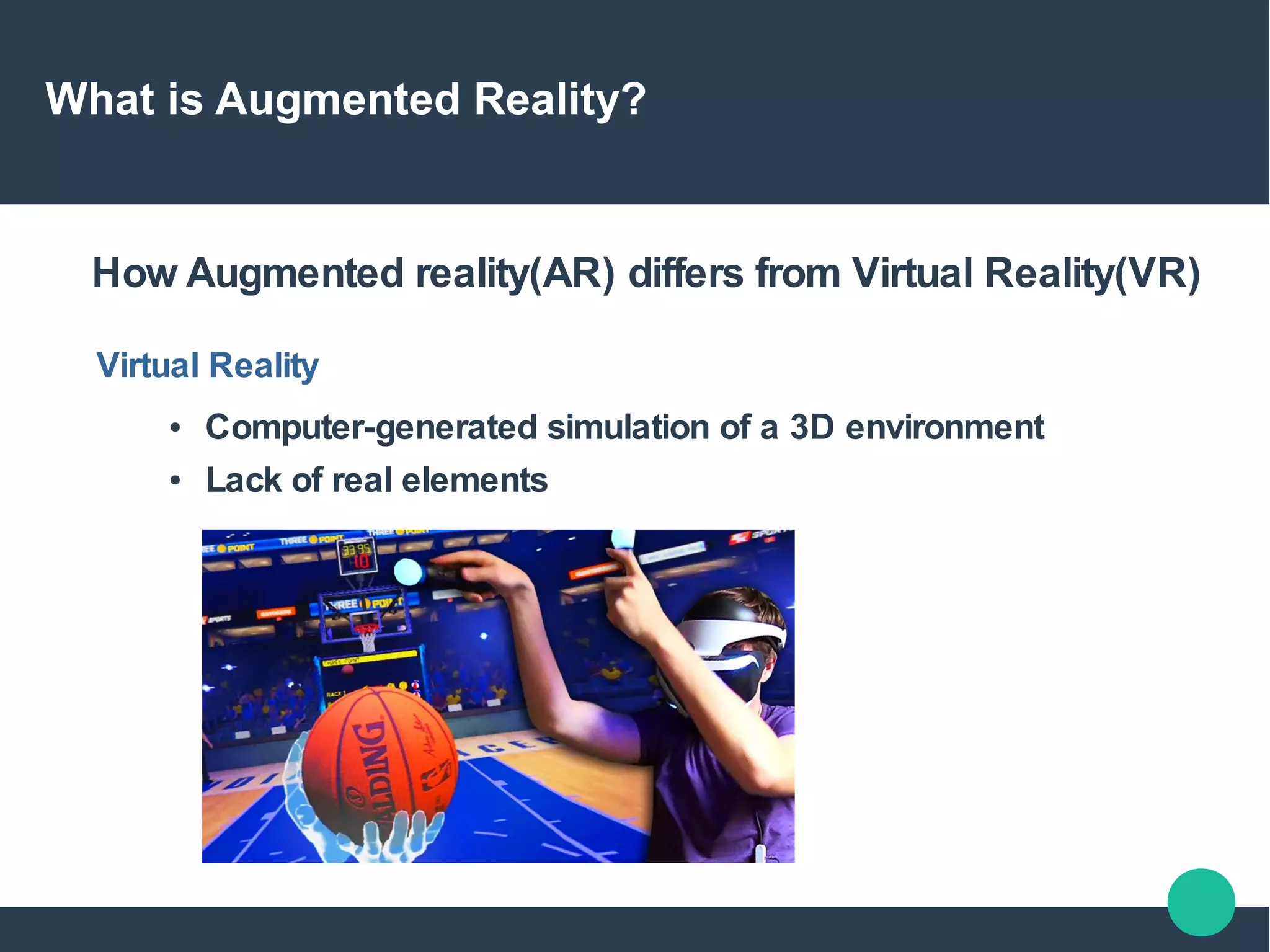 What is Augmented Reality?
How Augmented reality(AR) differs from Virtual Reality(VR)
Virtual Reality
● Computer-generated simulation of a 3D environment
● Lack of real elements
 