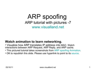 ARP spoofing  ARP tutorial with pictures -7 www.visualland.net ,[object Object],[object Object],[object Object],[object Object],05/16/11 www.visualland.net  