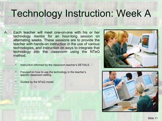 Technology Instruction: Week A Each teacher will meet one-on-one with his or her technology mentor for an hour-long session on alternating weeks. These sessions are to provide the teacher with hands-on instruction in the use of various technologies, and instruction on ways to integrate that technology into the classroom using the NTeQ method. Instruction informed by the classroom teacher’s DETAILS. Focused on how to use the technology in the teacher’s specific classroom setting. Guided by the NTeQ model.   