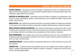 233
Glossário - Termos técnicos utilizados
BALANÇA COMERCIAL – Apresentação do valor das exportações e importações de um país, sem o cômputo dos fretes e
seguros envolvidos nessas operações. O seu saldo será positivo (superávit) quando o valor das exportações superar o das
importações e negativo (déﬁcit) no caso contrário.
BENEFÍCIOS DA PREVIDÊNCIA SOCIAL – Transferências mensais da Previdência a segurados ou seus dependentes, entre
os quais se incluem: aposentadorias, pensões e auxílios decorrentes ou não de acidentes de trabalho, rendas mensais
vitalícias, salário família etc.
BENSDECAPITAL–Bensutilizadosparaaproduçãodeoutrosbens.Suaaquisiçãocaracterizaumadespesadeinvestimento
e não de consumo. São exemplos as máquinas, equipamentos, instalações industriais diversas e materiais de transporte.
BENS DE CONSUMO (DURÁVEIS/NÃO-DURÁVEIS)– Bens utilizados diretamente pelos consumidores ﬁnais, isto é, que não
se destinam para a produção de outros bens, seja como bens de capital, seja como bens intermediários. Conforme a maior
ou menor duração do período de sua utilização, eles são classiﬁcados como bens duráveis ou não-duráveis.
BENS INTERMEDIÁRIOS – Bens utilizados como insumos para a produção de outros bens. Os bens intermediários são
completamente absorvidos no processo de produção, de uma única vez, enquanto os bens de capital são utilizados por um
tempo mais longo, de extensão variável.
CAPACIDADE INSTALADA – Conjunto de máquinas e equipamentos disponíveis em um dado momento por um país ou setor
para a produção.
CONSUMO FINAL – É a parcela da renda nacional disponível bruta que não é poupada, sendo utilizada nos gastos das
famílias e do governo (administração pública: ministérios, secretarias e autarquias). É composto pelo consumo ﬁnal das
famílias e das administrações públicas.
 