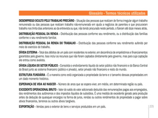 235
DESEMPREGOOCULTOPELOTRABALHOPRECÁRIO–Situaçãodaspessoasquerealizamdeformairregularalgumtrabalho
remunerado ou das pessoas que realizam trabalho não-remunerado em ajuda a negócios de parentes e que procuraram
trabalhonostrintadiasanterioresaodaentrevistaouque,nãotendoprocuradonesteperíodo,oﬁzeramatédozemesesatrás.
DISTRIBUIÇÃO PESSOAL DA RENDA – Distribuição das pessoas conforme seu rendimento, ou a distribuição das famílias
conforme o seu rendimento familiar.
DISTRIBUIÇÃO PESSOAL DA RENDA DO TRABALHO – Distribuição das pessoas conforme seu rendimento auferido por
meio do exercício do trabalho.
DÍVIDAEXTERNA–Totaldosdébitosdeumpaíscomresidentesnoexterior,emdecorrênciadeempréstimoseﬁnanciamentos
garantidos pelo governo. Isso inclui os recursos que não foram captados diretamente pelo governo, mas para cuja captação
ele entrou como avalista.
DÍVIDALÍQUIDADOSETORPÚBLICO–ConsolidaoendividamentolíquidodosetorpúbliconãoﬁnanceiroedoBancoCentral
do Brasil junto ao sistema ﬁnanceiro (público e privado), setor privado não ﬁnanceiro e resto do mundo.
ESTRUTURA FUNDIÁRIA – É a maneira como está organizada a propriedade da terra e o tamanho dessas propriedades em
um dado momento histórico.
ESPERANÇA DE VIDA AO NASCER – Número de anos que se espera viver, em média, em determinada região ou país.
EXCEDENTEOPERACIONALBRUTO–Valordosaldodovaloradicionadodeduzidodasremuneraçõespagasaosempregados,
dos rendimentos dos autônomos e dos impostos líquidos de subsídios. É uma medida de excedente gerado pela produção
antes da dedução de quaisquer encargos na forma de juros, rendas ou outros rendimentos de propriedade a pagar sobre
ativos ﬁnanceiros, terrenos ou outros ativos tangíveis.
EXPORTAÇÃO – Vendas para o exterior de bens e serviços produzidos em um país.
Glossário - Termos técnicos utilizados
 