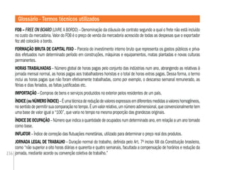 236
FOB – FREE ON BOARD (LIVRE A BORDO) – Denominação da cláusula de contrato segundo a qual o frete não está incluído
no custo da mercadoria. Valor do FOB é o preço de venda da mercadoria acrescido de todas as despesas que o exportador
fez até colocá-lo a bordo.
FORMAÇÃO BRUTA DE CAPITAL FIXO – Parcela do investimento interno bruto que representa os gastos públicos e priva-
dos efetuados num determinado período em construções, máquinas e equipamentos, matas plantadas e novas culturas
permanentes.
HORAS TRABALHADAS – Número global de horas pagas pelo conjunto das indústrias num ano, abrangendo as relativas à
jornada mensal normal, as horas pagas aos trabalhadores horistas e o total de horas extras pagas. Dessa forma, o termo
inclui as horas pagas que não foram efetivamente trabalhadas, como por exemplo, o descanso semanal remunerado, as
férias e dias feriados, as faltas justiﬁcadas etc.
IMPORTAÇÃO – Compras de bens e serviços produzidos no exterior pelos residentes de um país.
ÍNDICE(ouNÚMEROÍNDICE)–Éumatécnicadereduçãodevaloresexpressosemdiferentesmedidasavaloreshomogêneos,
nosentidodepermitirsuacomparaçãonotempo.Éumvalorrelativo,umnúmeroadimensional,queconvencionalmentetem
uma base de valor igual a “100”, que varia no tempo na mesma proporção das grandezas originais.
ÍNDICE DE OCUPAÇÃO– Número que indica a quantidade de ocupados num determinado ano, em relação a um ano tomado
como base.
INFLATOR – Índice de correção das ﬂutuações monetárias, utilizado para determinar o preço real dos produtos.
JORNADA LEGAL DE TRABALHO – Duração normal do trabalho, deﬁnida pelo Art. 7º inciso XIII da Constituição brasileira,
como “não superior a oito horas diárias e quarenta e quatro semanais, facultada a compensação de horários e redução da
jornada, mediante acordo ou convenção coletiva de trabalho.”
Glossário - Termos técnicos utilizados
 