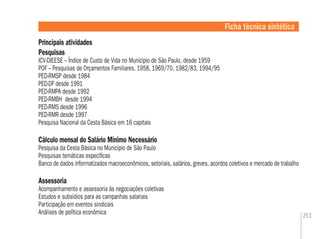 253
Principais atividades
Pesquisas
ICV-DIEESE – Índice de Custo de Vida no Município de São Paulo, desde 1959
POF – Pesquisas de Orçamentos Familiares, 1958, 1969/70, 1982/83, 1994/95
PED-RMSP desde 1984
PED-DF desde 1991
PED-RMPA desde 1992
PED-RMBH desde 1994
PED-RMS desde 1996
PED-RMR desde 1997
Pesquisa Nacional da Cesta Básica em 16 capitais
Cálculo mensal do Salário Mínimo Necessário
Pesquisa da Cesta Básica no Município de São Paulo
Pesquisas temáticas especíﬁcas
Banco de dados informatizados macroeconômicos, setoriais, salários, greves, acordos coletivos e mercado de trabalho
Assessoria
Acompanhamento e assessoria às negociações coletivas
Estudos e subsídios para as campanhas salariais
Participação em eventos sindicais
Análises de política econômica
Ficha técnica sintética
 