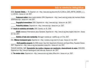 259
OCDE. Economic Outlook, n. 78. Disponível em: <http://www.oecd.org/document/61/0,2340,en_2825_499790_2483901_1_1_
1_1,00.html>. Acesso em: abr. 2007.
_______.Employmentoutlook.labourmarketstatistics:DATA.Disponívelem: <http://www1.oecd.org/scripts/cde/members/lfsdata-
authenticate.asp>. Acesso em: maio 2007.
_______. Geographical nomenclature: 2006. Disponível em: <http://www.oecd.org>. Acesso em: abr. 2007.
_______. Productivity database. Disponível em: <http://www.oecd.org>. Acesso em: jun. 2007.
OIT. Anuário de estatísticas del trabalho: 2005. Genebra, ed. 65, 2006.
_______.ILOLEX:databaseofInternationalLabourStandards.Disponívelem:<http://www.oit.org/ilolex/english/index.htm>.Acesso
em: mar. 2007.
_______. Statistics of trade union membership. Mensagem recebida por <stat@ilo.org> em 5 fev. 2007.
ONU. Millenium development goals. Disponível em: <http://unstats.un.org/unsd/mi/mi.asp>. Acesso em: mar. 2007.
________.Worldpopulationprospects:the2006revision.NovaYork:DepartmentofEconomicandSocialAffairs,PopulationDivision,
2007. Disponível em: <http://www.un.org/esa/population/unpop.htm>. Acesso em: mar. 2007.
TESOURO NACIONAL; SIAFI. Demonstrativo das receitas e despesas com manutenção e desenvolvimento do ensino: 2000-2005.
Disponível em: http://www.stn.fazenda.gov.br/siaﬁ/index.asp. Acesso em: abr. 2007.
UE. The member states. Disponível em: <http://www.eurunion.org/states/ofﬁces.htm>. Acesso em: jun. 2007.
Guia de referências bibliográﬁcas
 