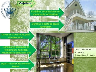 Objetivos 
Disminuir la imisión de gases 
contaminantes. 
Condiciones adecuadas de 
temperatura, humedad, 
movimiento y calidad del aire 
Lograr la calidad del ambiente 
interior 
Contribuir a economizar en el 
consumo de combustibles 
Disminuir el gasto de agua e 
iluminación 
Obra: Casa de los 
Schminke 
Autor: Hans Scharun 
 