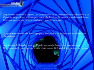 Arquitectura orientada a objetos: Los componentes de un sistema encapsulan los datos y las
Operaciones que deben aplicarse para manipular los datos, la comunicación la coordinación
Entre componentes se consigue mediante el paso de mensajes.




Arquitectura estratificada: Son un pequeño subconjunto de los que dispone el diseñador
De software.


Arquitectura de llamada y retorno: Permite que un diseñador de software obtenga
Una estructura de programa que resulta relativamente fácil modificar y cambiar de tamaño
 