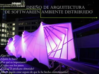 DISEÑO DE ARQUITECTURA
   DE SOFTWAREEN AMBIENTE DISTRIBUIDO




¿Que es?
¿Quién lo hace?
¿Por qué es importante?
¿Cuáles son los pasos
¿Cuál es el producto obtenido?
¿Cómo puedo estar seguro de que lo he hecho correctamente?
 