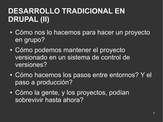 DESARROLLO TRADICIONAL EN
DRUPAL (II)
●

●

●

●

Cómo nos lo hacemos para hacer un proyecto
en grupo?
Cómo podemos mantener el proyecto
versionado en un sistema de control de
versiones?
Cómo hacemos los pasos entre entornos? Y el
paso a producción?
Cómo la gente, y los proyectos, podían
sobrevivir hasta ahora?
6

 
