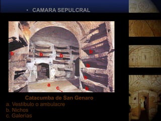 • CAMARA SEPULCRAL




 b                              b
           b           b
                            b

                           b
               a
                   c        b
        Catacumba de San Genaro
a. Vestíbulo o ambulacre
b. Nichos
c. Galerías
 