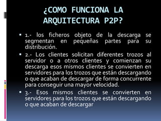 ¿COMO FUNCIONA LA
         ARQUITECTURA P2P?
 1.- los ficheros objeto de la descarga se
  segmentan en pequeñas partes para su
  distribución.
 2.- Los clientes solicitan diferentes trozos al
  servidor o a otros clientes y comienzan su
  descarga esos mismos clientes se convierten en
  servidores para los trozos que están descargando
  o que acaban de descargar de forma concurrente
  para conseguir una mayor velocidad.
 3.- Esos mismos clientes se convierten en
  servidores para los trozos que están descargando
  o que acaban de descargar
 