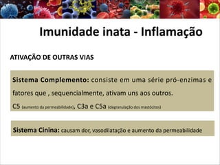 ATIVAÇÃO DE OUTRAS VIAS
Imunidade inata - Inflamação
Sistema Complemento: consiste em uma série pró-enzimas e
fatores que , sequencialmente, ativam uns aos outros.
C5 (aumento da permeabilidade), C3a e C5a (degranulação dos mastócitos)
Sistema Cinina: causam dor, vasodilatação e aumento da permeabilidade
 