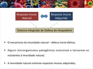 § O mecanismo da imunidade natural – defesa inicial efetiva;
§ Alguns microrganismos patogênicos evoluíram e tornaram-se
resistentes à imunidade natural;
§ A imunidade natural estimula respostas imunes adquiridas;
Resposta imune
Natural
Resposta imune
Adquirida
Sistema Integrado de Defesa do Hospedeiro
 