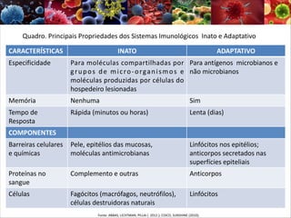 CARACTERÍSTICAS INATO ADAPTATIVO
Especificidade Para moléculas compartilhadas por
grupos de micro-organismos e
moléculas produzidas por células do
hospedeiro lesionadas
Para antígenos microbianos e
não microbianos
Memória Nenhuma Sim
Tempo de
Resposta
Rápida (minutos ou horas) Lenta (dias)
COMPONENTES
Barreiras celulares
e químicas
Pele, epitélios das mucosas,
moléculas antimicrobianas
Linfócitos nos epitélios;
anticorpos secretados nas
superfícies epiteliais
Proteínas no
sangue
Complemento e outras Anticorpos
Células Fagócitos (macrófagos, neutrófilos),
células destruidoras naturais
Linfócitos
Fonte: ABBAS, LICHTMAN, PILLAI ( 2012 ); COICO, SUNSHINE (2010);
Quadro. Principais Propriedades dos Sistemas Imunológicos Inato e Adaptativo
 