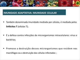 IMUNIDADE ADAPTATIVA: IMUNIDADE CELULAR
§ Também denominada imunidade mediada por células, é mediada pelos
linfócitos T (células T);
§ É a defesa contra infecções de microrganismos intracelulares: vírus e
bactérias;
§ Promove a destruição desses microrganismos que residem nos
macrófagos ou a destruição das células infectadas ;
 