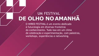 O WIRED FESTIVAL é um evento dedicado
à futurologia em diversas fronteiras
do conhecimento. Tudo isso em um clima
de celebração e experimentação, com palestras,
workshops, experiências e networking.
UM FESTIVAL
DE OLHO NOAMANHÃ
 