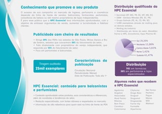 Conhecimento que promove o seu produto
O sucesso de sua campanha no mercado de higiene, perfumaria e cosméticos
depende da linha de frente de vendas: balconistas, farmacistas, perfumistas,
consultoras de beleza ou até mesmo proprietários de lojas independentes.
É para esse público que a HPC Essencial leva informações aprofundadas, com o
objetivo de embasar argumentos de venda, aumentar a lucratividade e fidelizar
clientes.

Publicidade com cheiro de resultados

Distribuição qualificada da
HPC Essencial
• Servimed (SP, MG, PR, SC, MT, MS, RJ)
• GAM - Genésio Mendes (RS, SC, PR)
• Grupo Galindo (PE, AL, CE, RN, SE)
• 5.000 exemplares através de mailing para
os demais estados.
• Mailing da Indústria
• Distribuição em feiras do setor: Abradilan
Farma e HPC, Econofarma, Expo Pharma RJ.

• Atinge 89% dos PDVs nos estados de São Paulo, Minas Gerais e Rio
de Janeiro, estados que concentram 50% do faturamento do setor;
• Fala diretamente com proprietários do varejo independente, que
responde por 55% do faturamento do setor;
• Foco em perfumistas e balconistas.

Sul 20,20%
Nordeste 11,08%
Centro-Oeste 5,82%
Norte 1,42%
Sudeste 61,47%

Tiragem auditada:

25mil exemplares

Características da
publicação
Circulação: Nacional
Periodicidade: Mensal
Data de Publicação: Todo dia 1º

HPC Essencial: conteúdo para balconistas
e perfumistas
• Conteúdo aprofundado sobre produtos, suas características e diferenciais,
além de novidades e tendências do setor;
• Redação especializada, com fontes idôneas e respeitadas no mercado;
• Informação de alta relevância para quem está na linha de frente do PDV.

Distribuição
70% em farmácias
30% em perfumarias e lojas
especializadas

Algumas redes que recebem
a HPC Essencial
Agafarma
Angeloni
Associadas
Atual Farma
Bifarma
Bom Preço
Carrefour
Catarinense

Cityfarma
Droga Raia
Drogasil
Drogasmil
Drogaverde
Farma Vip
Farmalife
Hiperfarma

Net Farma
Pacheco
Pague
Menos
SESI
Walmart

 