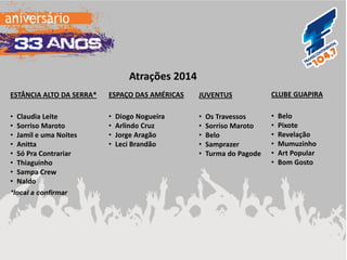 ESTÂNCIA ALTO DA SERRA* 
•Claudia Leite 
•Sorriso Maroto 
•Jamil e uma Noites 
•Anitta 
•Só Pra Contrariar 
•Thiaguinho 
•Sampa Crew 
•Naldo 
Atrações 2014 
ESPAÇO DAS AMÉRICAS 
•Diogo Nogueira 
•Arlindo Cruz 
•Jorge Aragão 
•Leci Brandão 
JUVENTUS 
•Os Travessos 
•Sorriso Maroto 
•Belo 
•Samprazer 
•Turma do Pagode 
CLUBE GUAPIRA 
•Belo 
•Pixote 
•Revelação 
•Mumuzinho 
•Art Popular 
•Bom Gosto 
*local a confirmar  