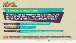 COMERCIAL INTEGRADO
Ação utilizando o(s) apresentadore(s) do programa, no
cenário do programa, mas abordando um assunto que
foge da pauta do programa. Será veiculado no break.
Custo de cachê: R$ 4.000,00 por talento X mês de exibição
Custo de produção: R$ 12.100,00
prazo de produção: 02 semanas entre o recebimento do briefing e a gravação
Observação: Custo de produção considerando a gravação no motorhome na mesma locação de gravação do programa OU em local que não interfira na gravação do mesmo.
Caso a ação seja gravada em local distante e/ou que necessite de pagamento para autorização ou necessite de algum objeto específico/diferente no cenário, que demande uma
busca da produção, pode gerar mais custo e o prazo de produção pode ser maior. Avaliação mediante a briefing.
 
