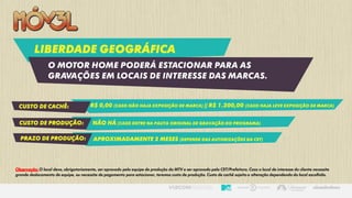 LIBERDADE geográfica
O MOTOR HOME PODERÁ ESTACIONAR PARA AS
GRAVAÇÕES EM LOCAIS DE INTERESSE DAS MARCAS.
Custo de cachê: R$ 0,00 (caso não haja exposição de marca) || R$ 1.200,00 (caso haja leve exposição de marca)
Custo de produção: NÃO Há (caso entre na pauta original de gravação do programa)
prazo de produção: Aproximadamente 2 meses (depende das autorizações da CET)
Observação: O local deve, obrigatoriamente, ser aprovado pela equipe de produção da MTV e ser aprovado pela CET/Prefeitura. Caso o local de interesse do cliente necessite
grande deslocamento de equipe, ou necessite de pagamento para estacionar, teremos custo de produção. Custo de cachê sujeito a alteração dependendo do local escolhido.
 