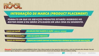 Integração de marca (product placement)
Formato em que os serviços/produtos estarão inseridos no
motor home e/ou serão utilizados em uma cena ou segmento.
Custo de cachê: R$ 600,00 por talento x AÇÃO (inéditos + reprises)
Custo de produção: Não há custo previsto
prazo de produção: Tempo do cliente enviar os produtos e entrar na pauta de gravação
Observação: O envio dos produtos é responsabilidade do cliente. Caso o cliente necessite um close especial em algum produto, o valor de cachê pode sofrer alteração. Caso seja
necessária alguma adaptação no motorhome para comportar o produto do cliente, haverá custo de produção. Avaliação mediante a briefing.
 