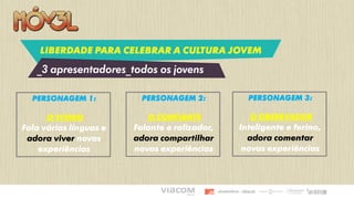 LIBERDADE PARA CELEBRAR A CULTURA JOVEM
_3 apresentadores_todos os jovens
Personagem 1:
o vivido
Fala várias línguas e
adora viver novas
experiências
Personagem 2:
O CONFIANTE
Falante e ralizador,
adora compartilhar
novas experiências
Personagem 3:
o observador
Inteligente e ferino,
adora comentar
novas experiências
 