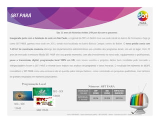 SEG - SEX
12h30
SAB 11h45
SEG - SEX
11h45
SBT PARÁ
São 33 anos de histórias vividos 24H por dia com o paraense.
Inaugurada junto com a fundação da sede em São Paulo, a regional do SBT em Belém teve sua sede inicial no bairro da Cremação e hoje já
como SBT PARÁ, ganhou nova sede em 2013, sendo esta localizada no bairro Batista Campos centro de Belém. O novo prédio conta com
1.651m² de construção moderna abrange dos departamentos administrativos aos estúdios dos programas locais, em um só lugar. Com 33
anos de mercado a emissora filiada SBT PARÁ vive seu grande momento, com alto investimento na nova sede, equipamentos e profissionais,
passa a transmissão digital, programação local 100% em HD, com novos eventos e projetos. Ações bem recebidas pelo mercado e
telespectadores levam o SBT PARÁ a retomar bons índices nas análises de programas e faixas horárias. O resultado em números do IBOPE
consolidam o SBT PARÁ como uma emissora não só querida pelos telespectadores, como constatado em pesquisas qualitativas, mas também
de grandes resultados em números anunciantes.
Programação Local
Números SBT PARÁ
INDIVIDUAL:
1.764.800
DOMICILIAR
: 504.600
597.91419.07483,16
IMPACTOS/
INSERÇÃO
ABS
(DOM)
GRP
(DOM)
Fonte: MW/IBOPE – Dados Individuais (adh%) – SBT ESPORTE – Belém – Setembro de 2014 – Dados arredondados
 