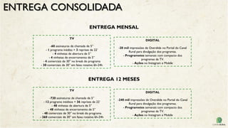 ENTREGA CONSOLIDADA
TV
-60 assinaturas de chamada de 5”
- 1 programa inédito + 3 reprises de 22’
- 4 vinhetas de abertura de 5”
- 4 vinhetas de encerramento de 5”
- 4 comerciais de 30” no break do programa
- 30 comerciais de 30” em faixa rotativa 6h-24h
ENTREGA MENSAL
DIGITAL
-20 mil impressões de Overslide no Portal do Canal
Rural para divulgação dos programas.
- Programetes semanais com compacto dos
programas da TV.
- Ações no Instagram e Mobile
TV
-720 assinaturas de chamada de 5”
- 12 programa inéditos + 36 reprises de 22’
- 48 vinhetas de abertura de 5”
- 48 vinhetas de encerramento de 5”
- 48 comerciais de 30” no break do programa
- 360 comerciais de 30” em faixa rotativa 6h-24h
ENTREGA 12 MESES
DIGITAL
-240 mil impressões de Overslide no Portal do Canal
Rural para divulgação dos programas.
- Programetes semanais com compacto dos
programas da TV.
- Ações no Instagram e Mobile
 