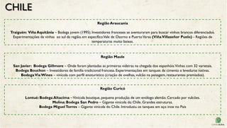 CHILE
Região Araucania
Traiguén: Viña Aquitânia – Bodega jovem (1995). Investidores franceses se aventuraram para buscar vinhos brancos diferenciados.
Experimentações de vinhas ao sul da região, em específicoVale de Osorno e PuertoVaras (ViñaVillaseñor Puelo) - Regiões de
temperaturas muito baixas.
Região Maule
San Javier: Bodega Gillmore – Onde foram plantadas as primeiras videiras na chegada dos espanhóis.Vinhas com 32 varietais.
Bodega Bouchon – Investidores de família tradicional francesa. Experimentações em tanques de cimento e leveduras nativas.
BodegaVia Wines – vinícola com perfil enoturistico (criação de ovelhas, vulcão na paisagem, restaurantes premiados).
Região Curicó
Lontué: Bodega Altacima –Vinícola boutique, pequena produção de um enólogo alemão. Cercado por vulcões.
Molina: Bodega San Pedro – Gigante vinícola do Chile. Grandes estruturas.
Bodega MiguelTorres – Gigante vinícola do Chile. Introduziu os tanques em aço inox no País
 