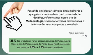 25% dos produtores rurais acessam serviços de Meteorologia.
Hoje, o site de Meteorologia do Portal Canal Rural representa
em torno de 10% a 15% da nossa audiência.
Pensando em prestar serviços ainda melhores e
que guiem a comunidade rural na tomada de
decisões, reformulamos nosso site de
Meteorologia, trazendo formatos diferenciados e
informações mais completas e acessíveis.
Veja o que mudou
 