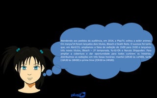 Atendendo aos pedidos da audiência, em 2014, a PlayTV, voltou a exibir animes.
Em março/14 foram lançados dois títulos, Bleach e Death Note. O sucesso foi tanto
que, em Abril/15, ampliamos a faixa de exibição de 1h00 para 1h30 e lançamos
três novos títulos, Bleach – 2ª temporada, Yu-Gi-Oh e Naruto Shippuden. Para
ampliar a cobertura e dar oportunidade para todos curtirem as histórias,
distribuímos as exibições em três faixas horárias: manhã (10h30 às 12h00), tarde
(16h30 às 18h00) e prime time (23h30 às 24h00).
 