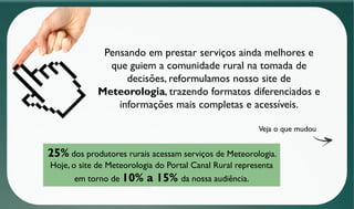 25% dos produtores rurais acessam serviços de Meteorologia.
Hoje, o site de Meteorologia do Portal Canal Rural representa
em torno de 10% a 15% da nossa audiência.
Pensando em prestar serviços ainda melhores e
que guiem a comunidade rural na tomada de
decisões, reformulamos nosso site de
Meteorologia, trazendo formatos diferenciados e
informações mais completas e acessíveis.
Veja o que mudou
 