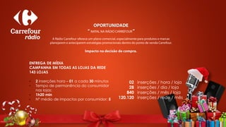 ENTREGA DE MÍDIA
CAMPANHA EM TODAS AS LOJAS DA REDE
143 LOJAS
• 2 inserções hora – 01 a cada 30 minutos
• Tempo de permanência do consumidor
nas lojas:
• 1h20 min
• Nº médio de impactos por consumidor: 5
02
28
840
120.120
inserções / hora / loja
inserções / dia / loja
inserções / mês / loja
inserções / rede / mês