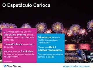 O Espetáculo Carioca
16 minutos de show
pirotécnico na orla de
Copacabana.
Shows com DJs e
artistas renomados.
Diversas festas espalhadas
por toda a cidade.
O Réveillon carioca é um dos
principais eventos anuais
do Rio de Janeiro, mundialmente
conhecido.
É a maior festa a céu aberto
do mundo.
Em 2015, mais de 2 milhões
de pessoas se reuniram na praia
de Copacabana.
Fonte: Riotur
 