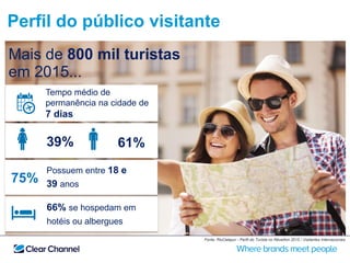 Perfil do público visitante
Mais de 800 mil turistas
em 2015...
Tempo médio de
permanência na cidade de
7 dias
61%39%
75%
Possuem entre 18 e
39 anos
66% se hospedam em
hotéis ou albergues
Fonte: RioCetepur - Perfil do Turista no Réveillon 2015 / Visitantes Internacionais
 