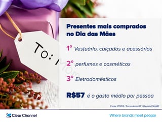 Fonte: IPSOS / Fecomércio-SP / Revista EXAME
Presentes mais comprados
no Dia das Mães
R$57
°
°
°
 