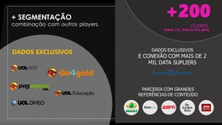 + SEGMENTAÇÃO
combinação com outros players.
DADOS EXCLUSIVOS DADOS EXCLUSIVOS
E CONEXÃO COM MAIS DE 2
MIL DATA SUPLIERS
PARCERIA COM GRANDES
REFERÊNCIAS DE CONTEÚDO
+200
dados 1st, 2nd ou 3rd party
clusters
 
