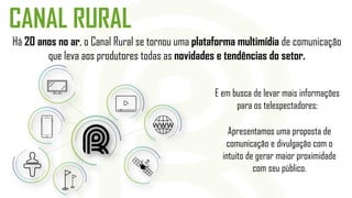 Há 20 anos no ar, o Canal Rural se tornou uma plataforma multimídia de comunicação
que leva aos produtores todas as novidades e tendências do setor.
Apresentamos uma proposta de
comunicação e divulgação com o
intuito de gerar maior proximidade
com seu público.
E em busca de levar mais informações
para os telespectadores;
CANAL RURAL
 