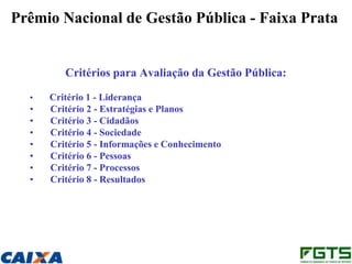 Prêmio Nacional de Gestão Pública - Faixa Prata


         Critérios para Avaliação da Gestão Pública:

  •   Critério 1 - Liderança
  •   Critério 2 - Estratégias e Planos
  •   Critério 3 - Cidadãos
  •   Critério 4 - Sociedade
  •   Critério 5 - Informações e Conhecimento
  •   Critério 6 - Pessoas
  •   Critério 7 - Processos
  •   Critério 8 - Resultados
 