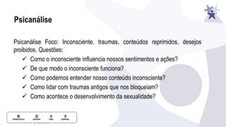 Psicanálise
Psicanálise Foco: Inconsciente, traumas, conteúdos reprimidos, desejos
proibidos. Questões:
✓ Como o inconsciente inﬂuencia nossos sentimentos e ações?
✓ De que modo o inconsciente funciona?
✓ Como podemos entender nosso conteúdo inconsciente?
✓ Como lidar com traumas antigos que nos bloqueiam?
✓ Como acontece o desenvolvimento da sexualidade?
 