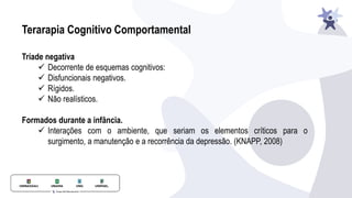 Terarapia Cognitivo Comportamental
Tríade negativa
✓ Decorrente de esquemas cognitivos:
✓ Disfuncionais negativos.
✓ Rígidos.
✓ Não realísticos.
Formados durante a infância.
✓ Interações com o ambiente, que seriam os elementos críticos para o
surgimento, a manutenção e a recorrência da depressão. (KNAPP, 2008)
 